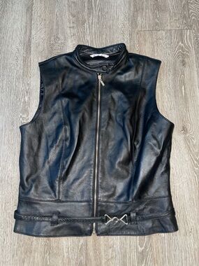 CAbi Black Sleeveless 100% Leather Zip Vest moto biker gothic size medium